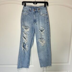 KSUBI + Relaxed Jean Super Freak High Straight Leg Raw Hem Distressed V Waist 23